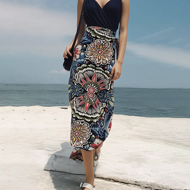 코스토프 봄 여름 롱 쉬폰 라인 에스닉 랩스커트