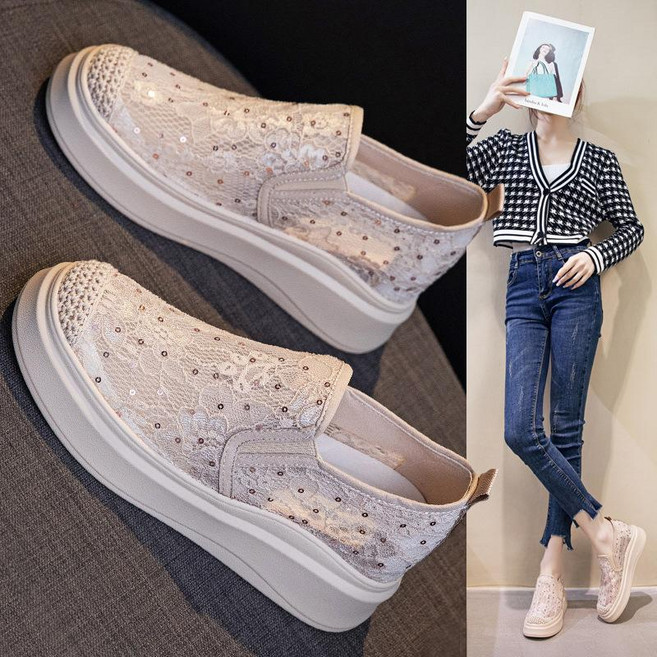 7cm 키높이 슬립온 운동화 키작녀 통굽 로퍼 단화 반짝이 레이스