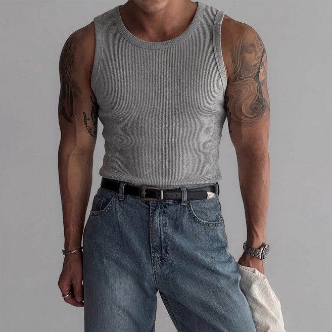 Nexre 남자 베이직 골지 나시 고탄력 머슬핏 민소매 티셔츠 남자 헬스 나시