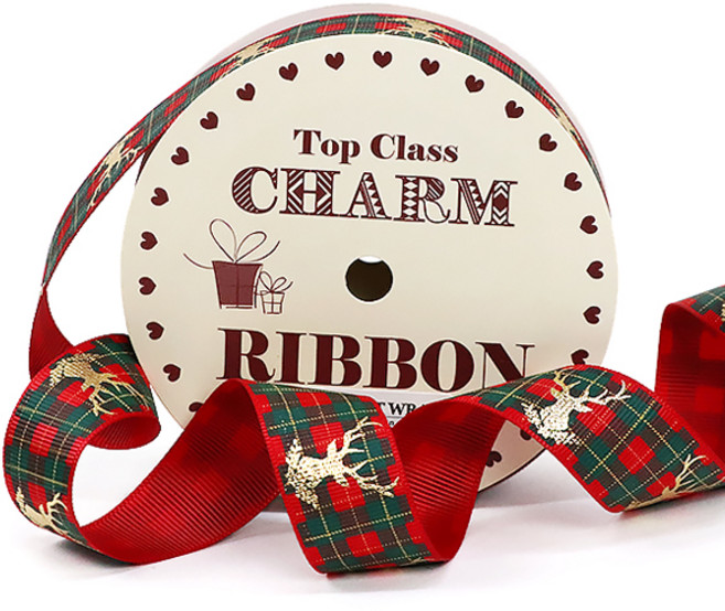 (DR) 체크 루돌프 크리스마스 리본 25mmX10yd 레드 1롤