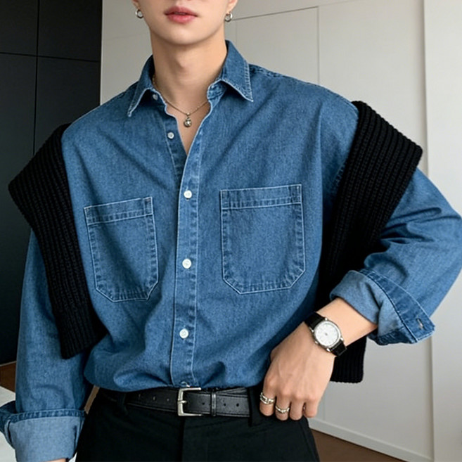 KDNC 남성 워싱 데일리 루즈핏 캐주얼 긴팔 투포켓 데님셔츠