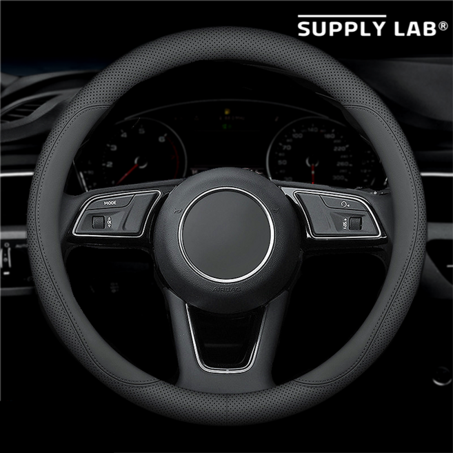 서플라이랩 프리미엄 차량용 자동차 가죽 핸들 커버, 외부타공형, 블랙스티치