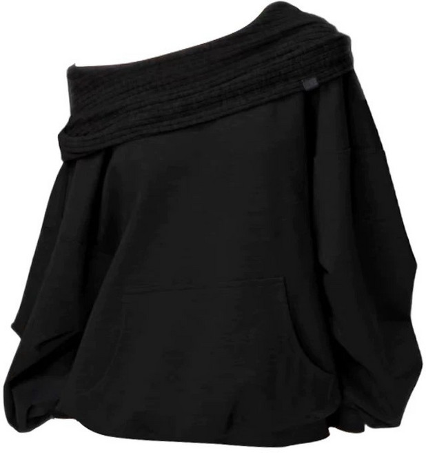 《小日子家居館》慵懶風連帽一字領拼接寬鬆長版大學T