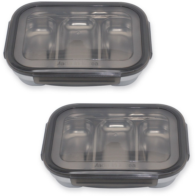 1+1 올품락 간편한끼 스텐 다이어트 직사각 3구 뚜껑 식판, 그레이, 2세트