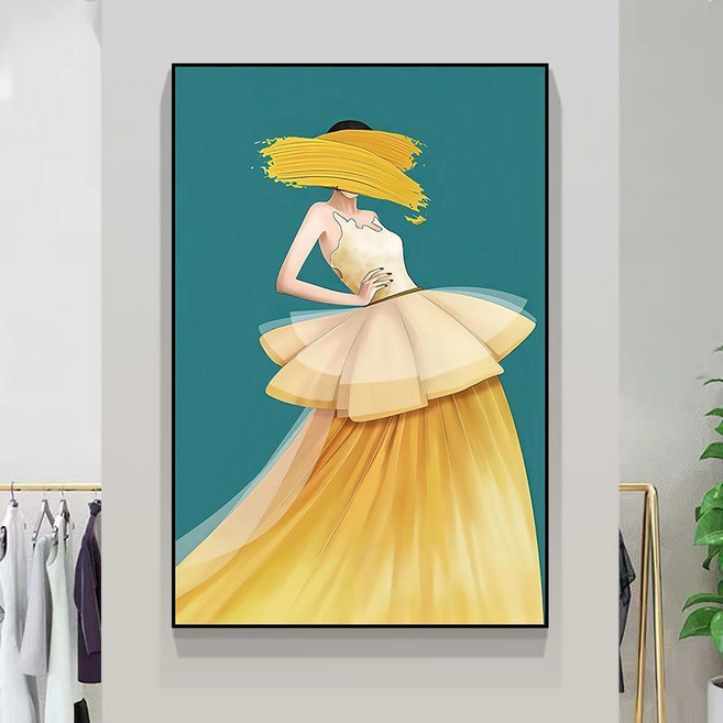 輕奢人物客廳玄關裝飾畫 服裝店牆掛畫 臥室床頭壁畫 美女走廊畫 FCQ6DT01GT01Q, B,30*40（3cm金色外框+鋼化水晶