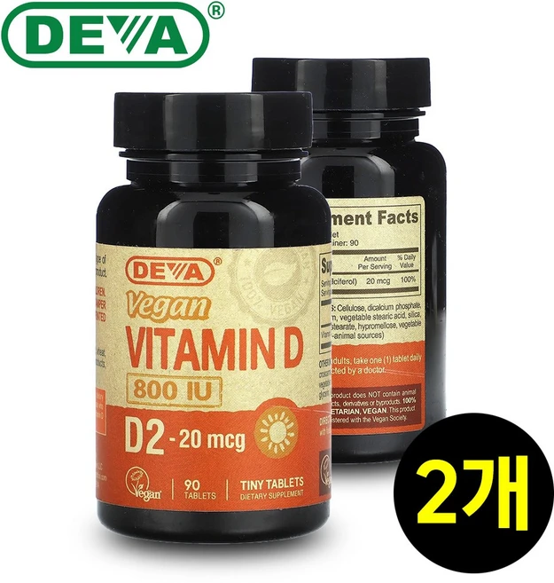 Felicewald Collaborating Partners 필리체발트 비건 에르고칼시페롤 비타민 D2 20mcg 800IU 데바 90탭 2개, 90정 - 쿠팡