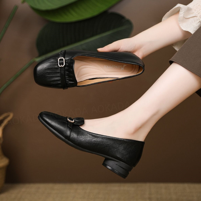 AOKADA 여성 플랫슈즈 펌프스 소가죽 스트랩 버클 통근 업무용 발편한 로퍼