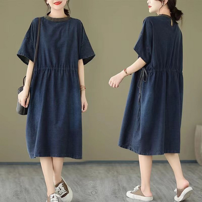 여름 데님 반팔 원피스 중년 여성 루즈핏 빈티지 원피스 빅사이즈 데일리 원피스 LJX