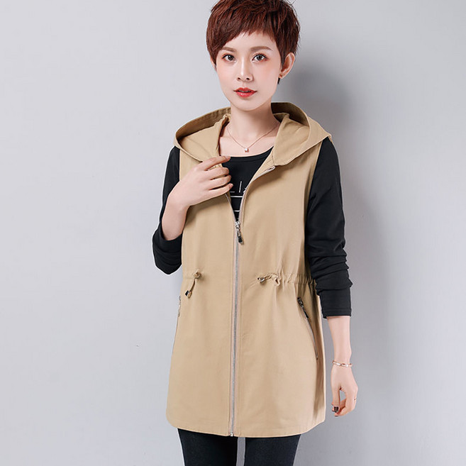 ROYALBELLE 여성 미디 후드 조끼 캐주얼 무지 지퍼 베스트 아우터 D0041146