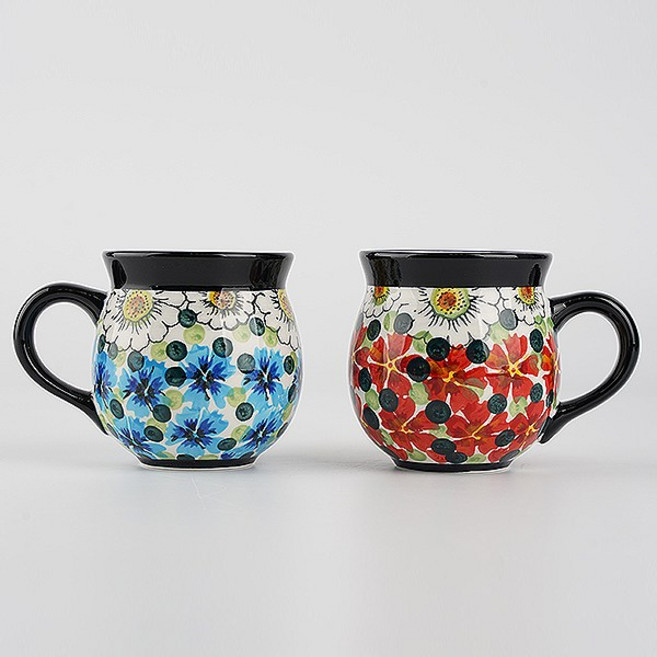 폴란드풍 수입 커피 차 도자기 항아리 머그컵 2P 세트 350ml, 1개, 레드&블루