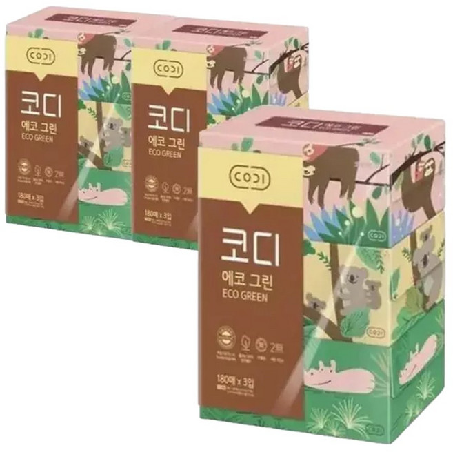 코디코디 코디 그린 미용티슈 각티슈 180매 3입x3팩 (42929902), 9박스