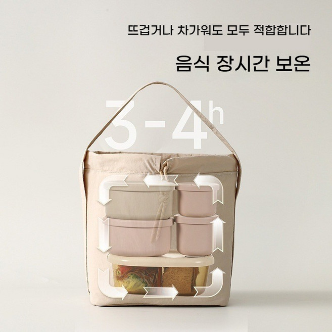 보온보냉백 토트백 도시락 가방 직장인 주머니 드로우스트링 런치백(끈으로 입을 매는 디자인으로 휴대가 편리하며 학생/직장인에게 적합합니다), 연한 노란색, 1개