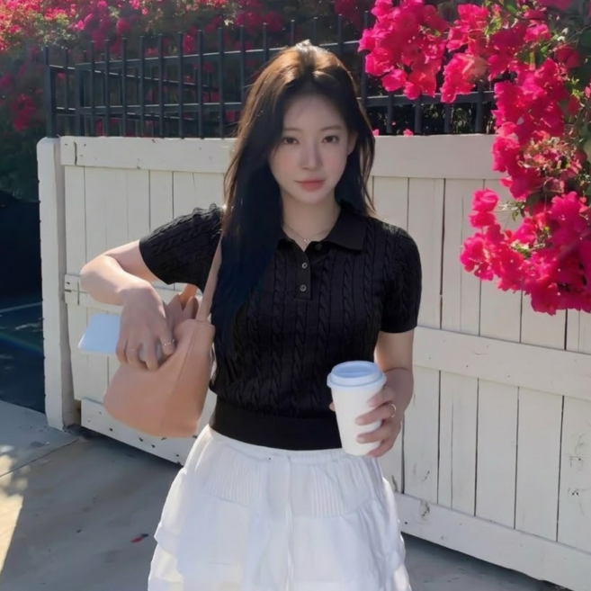 에리르 꽈배기 카라 반팔 니트 데일리 무지 세미크롭 반소매 티셔츠