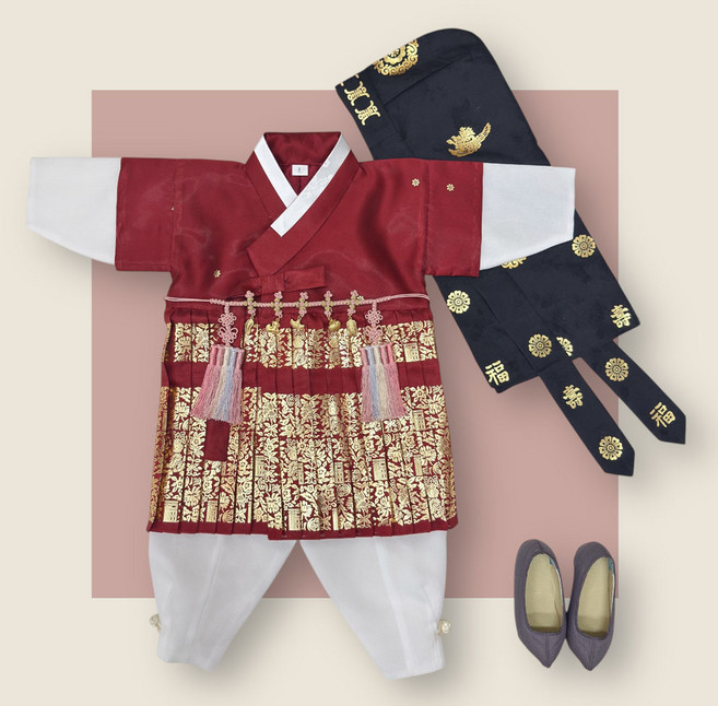 어썸한복 반휘 와인 금박 주름철릭 남아한복