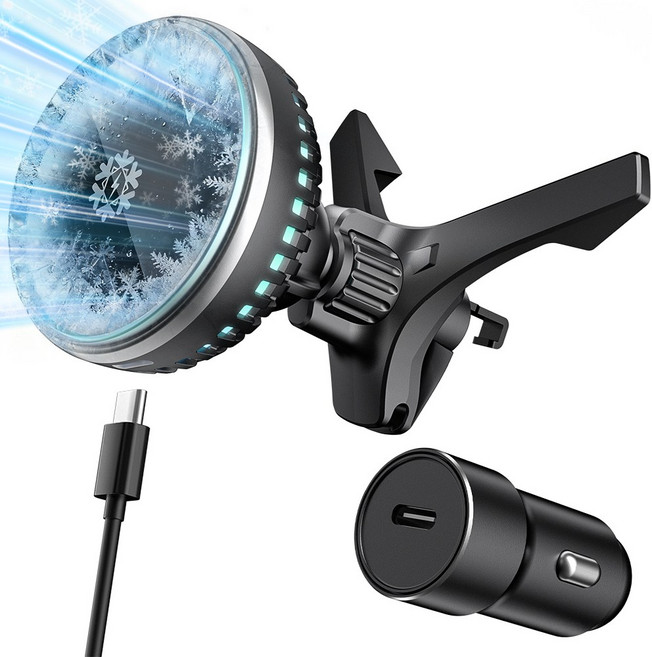 Mankiw맨큐 맥세이프 냉각쿨링 차량용 고속 무선충전기 송풍구형+대쉬보드형(18W 시거잭 포함), 블랙
