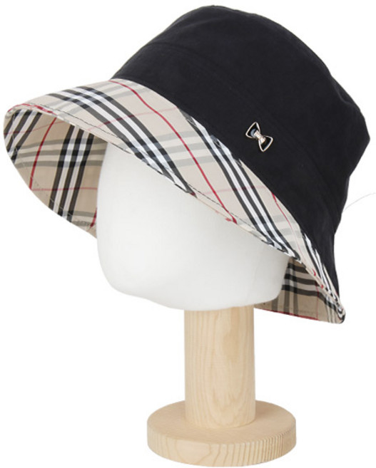 [국산] 베이직엠 중년 여성 여름모자 벙거지 챙사선체크 사이드 리본큐빅