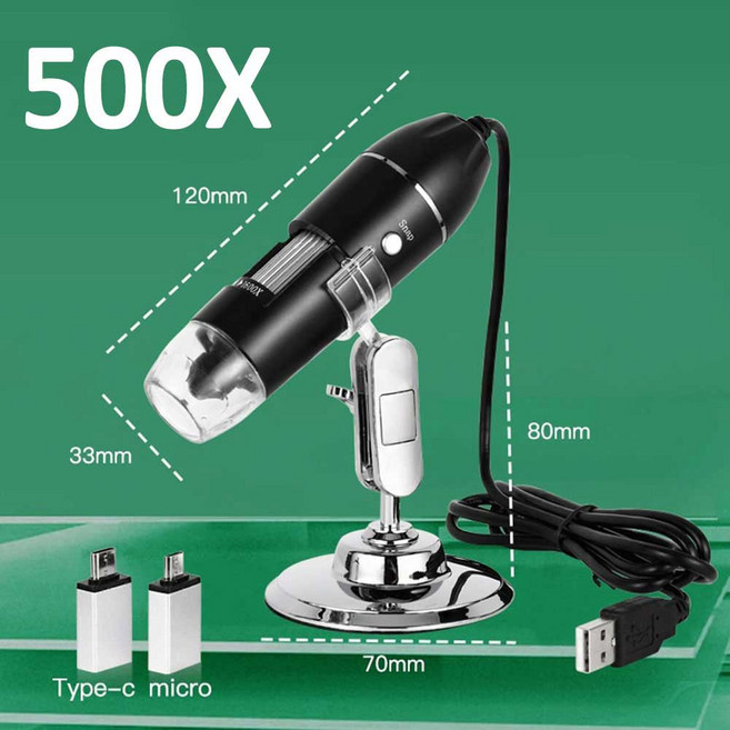 현미경 디지털 3in1 1600X 돋보기 휴대용 전자 C 타입 LED 수리용 카메라 USB 납땜용 휴대폰, [01] 500X, 500X