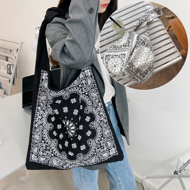 후암마켓 여성 코튼 페이즐리 매듭 에코백 반다나 보부상 가방