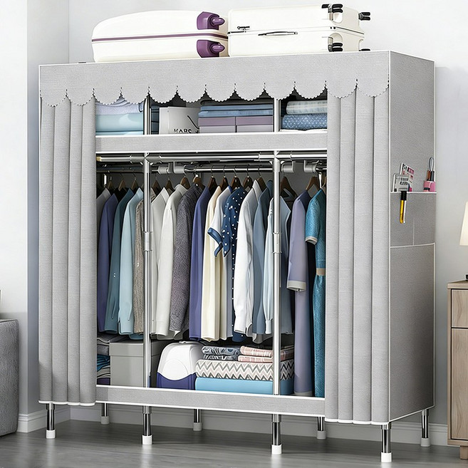 [시스슈] 조립식 3단 이동식 행거 시스템 강화 철제 프레임 | 대용량 하단 수납공간 & 먼지방지 커튼 장착간이옷장 합금 조립식옷장 비키니 옷장, 달빛 회색