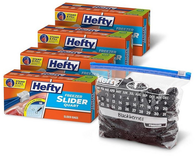Hefty 달력 슬라이더 쿼트 냉동고 백 140개 날짜가 있는 냉동고용 생고기 과일 채소 등을 보관 안전한 지퍼 및 클릭 잠금130030