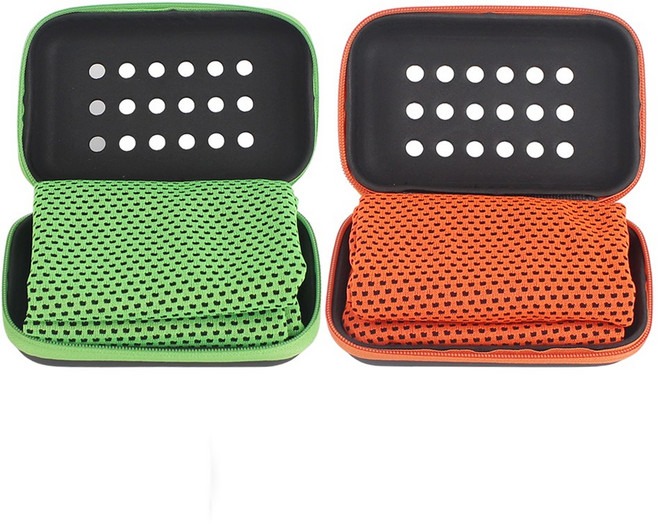 투데이리빙 2개 세트 건식 스포츠 쿨타올 스포츠 운동 샤워 쿨링 타올 휴대용 냉감 수건 빠른 흡수력 아이스 타월 + 케이스 포함, 그린+오렌지