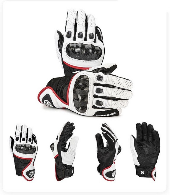 【Ibuy部品】防摔手套 碳纖維護殼 真皮騎士手套 觸控 透氣 加長防護, 524白,S