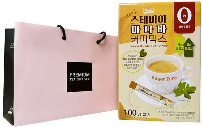 웰그린 스테비아 바나바 커피믹스 선물세트 혈당 상승 억제 기능성 표시 무설탕 믹스 커피, 9.5g, 100개입, 1개