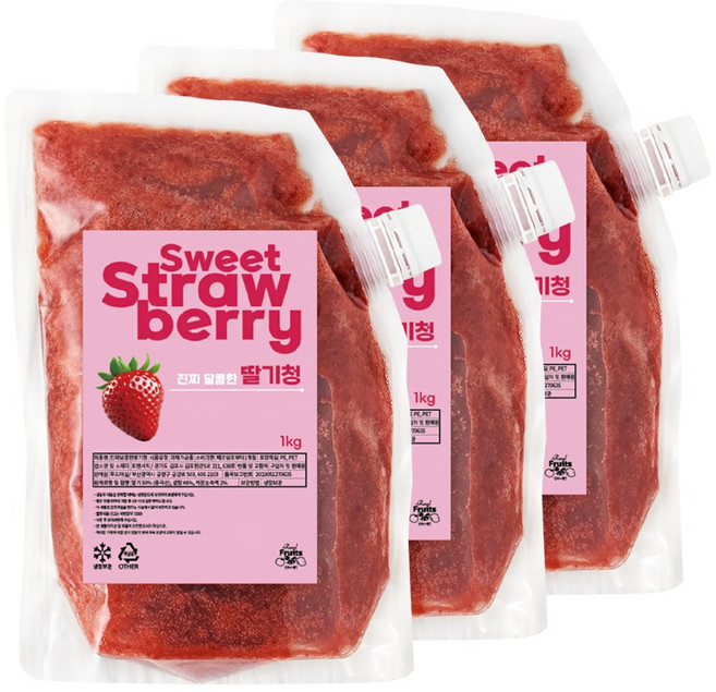 달콤한 딸기청 카페납품 대용량 천연당으로 만든 과육이 씹히는 수제청, 3개, 1kg