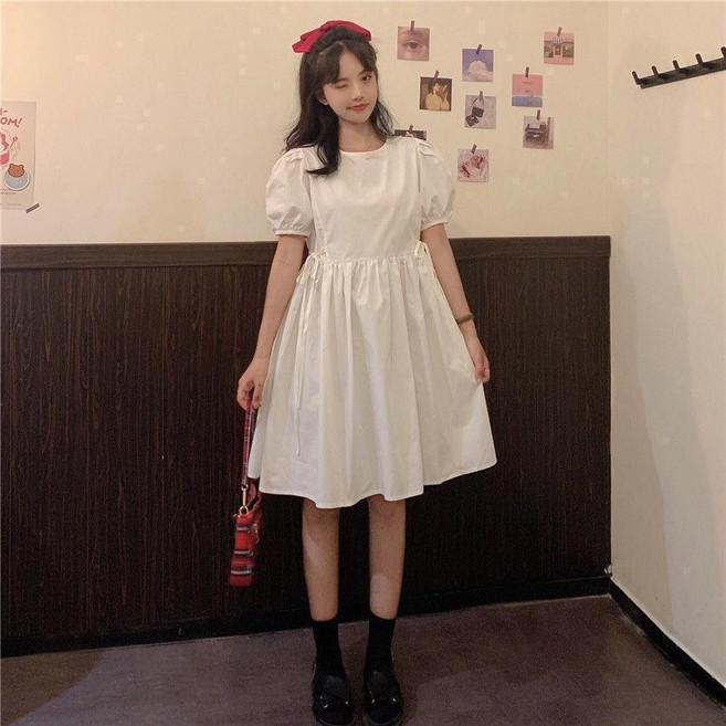 夏日甜美收腰顯瘦連身裙 少女學生連衣裙, 白色#0607,S, 白色