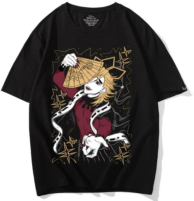 귀멸의 칼날 도우마 부채 반팔 티셔츠 남녀공용 캐쥬얼 라운드넥 데일리 굿즈