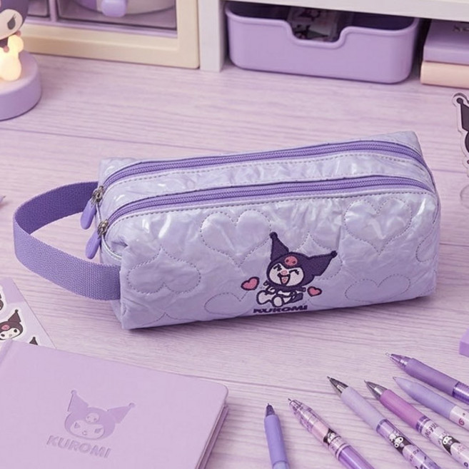 산리오 캐릭터 2단더블 지퍼퀄팅 파우치 쿠로미 하트 자수 대용량 다용도 필통, 1개, 퍼플