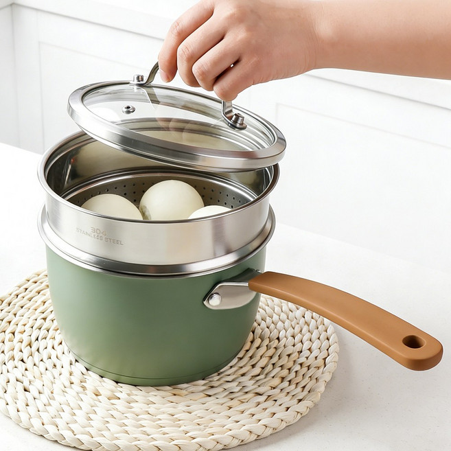 CookNest 편수 304 스텐 인덕션 밀크팬 1인용 이유식 찜기 냄비, 1개, 녹색, 16cm