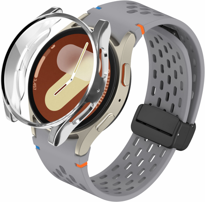 포근루프 갤럭시워치 호환 날개형 스포츠 실리콘 스트랩 타공 디버클 밴드 + PC 케이스, 그레이 + 실버