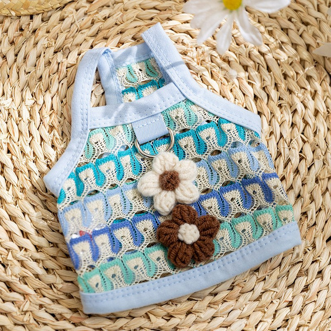 차르미콜 강아지 여름 메쉬 나시 하네스 옷 꽃장식 산책용 D링 애견 여름조끼, 1개, 블루 플라워