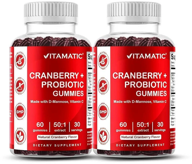 Vitamatic 비타마틱 크랜베리 D-만노즈 프로바이오틱스 비타민C 60구미 영양제, 60 Count (Pack of 2) - 쿠팡