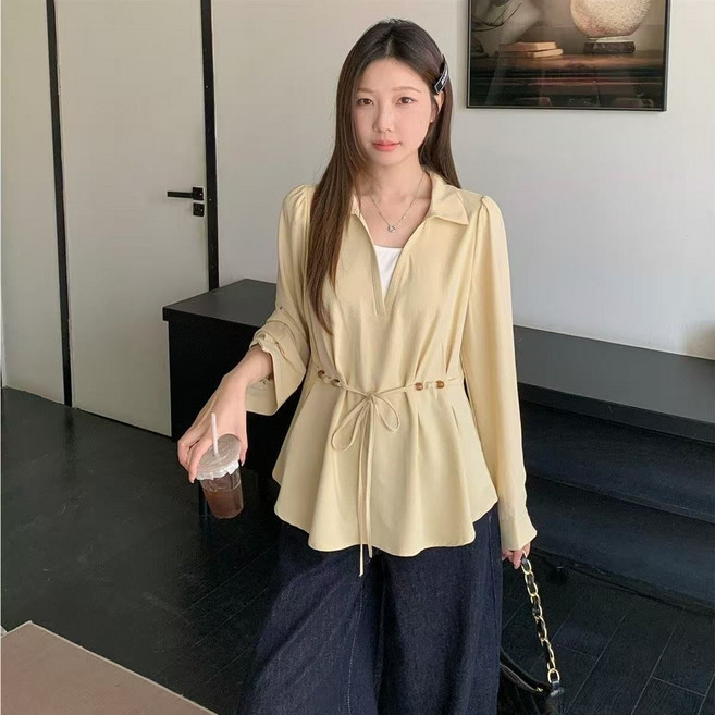 Seofst 여성 빅사이즈 카라 셔츠 루즈핏 긴팔 허리라인 블라우스 오피스 데일리 상의