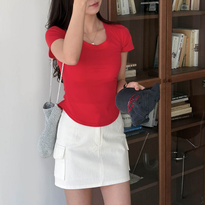 투데이앤룩 여성용 라인핏 U넥 슬림 반팔 티셔츠