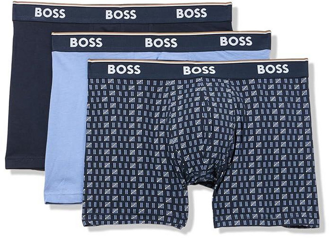 BOSS 남성용 3팩 멀티 컬러 볼드 로고 복서 브리프 블루 도트/네이비/아이스 미디엄