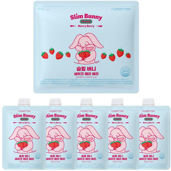 뉴베러 슬림 버니 단백질 쉐이크 파우치, 40g, 5개, 메리베리 딸기맛