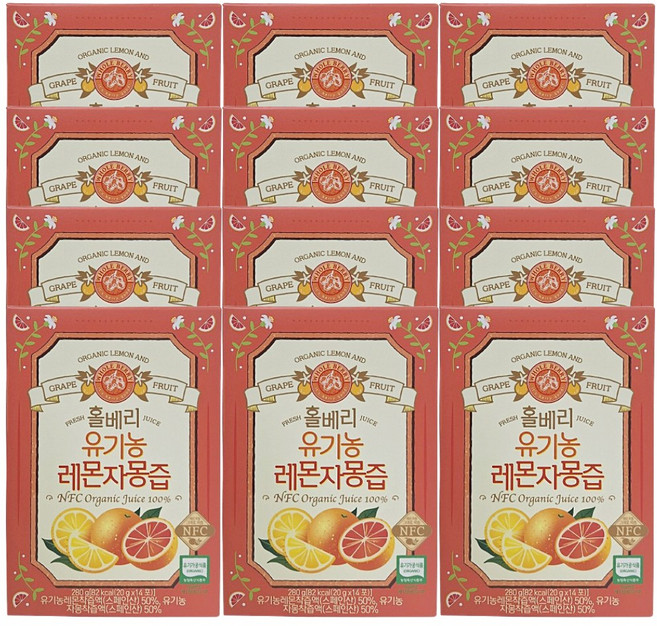 [레자몽/12박스] 홀베리 유기농 레몬자몽즙 12박스 (총 168포), 280g, 12개