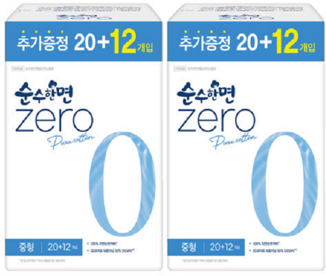 순수한면 제로 생리대, 2개, 32개입, 중형