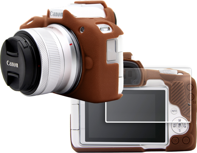 CANON EOS R50 카메라 하우징 범퍼 케이스 + 액정 방탄유리 필름, 브라운