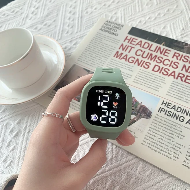 남자 시계 Led 디지털 스포츠 어린이를위한 소년 광장 빅 다이얼 방수 실리콘 손목, 01 Green