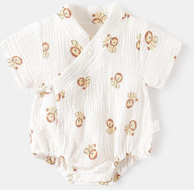 嬰兒包屁衣 夏款薄寶寶雙層純棉紗布短袖連體衣 彩心 米色