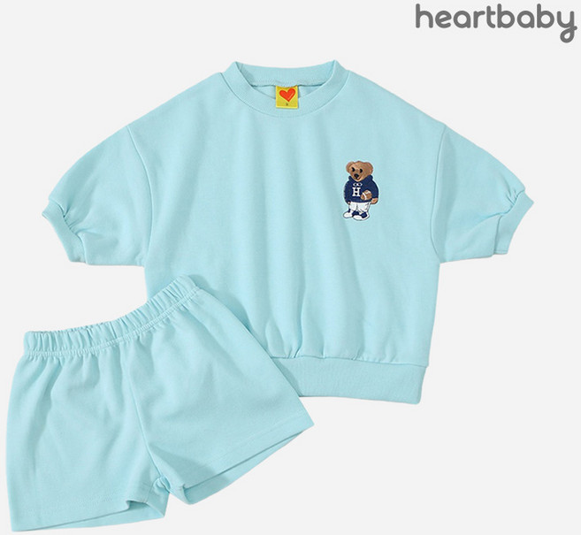 하트베이비 여름 아동용 곰돌이 자수 반팔 상하세트