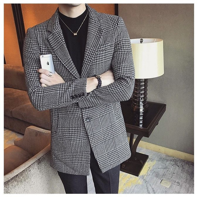 Neirny 남성 정장 자켓 봄가을 슬림핏 솔리드 모직 카라 코트 하프 트렌치 오피스룩 데일리 하객룩 바람막이 코트