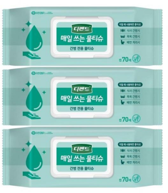 디펜드 매일 쓰는 물티슈 캡형 70매X1팩 /간병전용물티슈 /목욕대용물티슈 /물티슈, 43g, 70매입, 3개