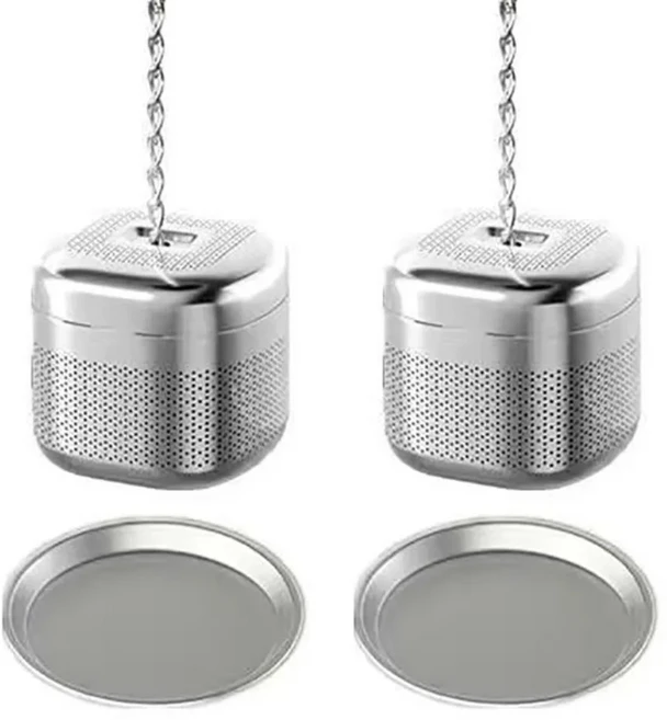 2 세트 주방 가제트 트레이가있는 스테인레스 스틸 스퀘어 티 인퓨저 파인 메쉬 티 필터 체인 디자인 볼 티, 01 2Set