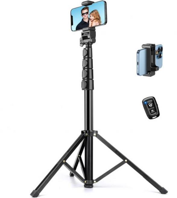 폰 트라이포드 85인치 높이의 아이폰용 삼각대 (구스넥 및 리모컨 포함) 오버헤드 폰 스탠드 (녹화 시청 요리 피트니스 브이로그용), Black