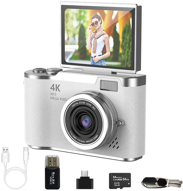 해브유 180도 회전 화면 여행용 소형 디카 휴대용 빈티지 디지털 카메라, 화이트